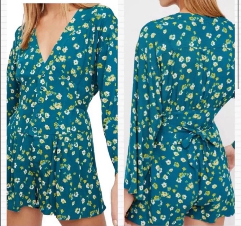 Free People L’amour Floral Printed Green Ruffle Romper Playsuit Size 0 Size XS